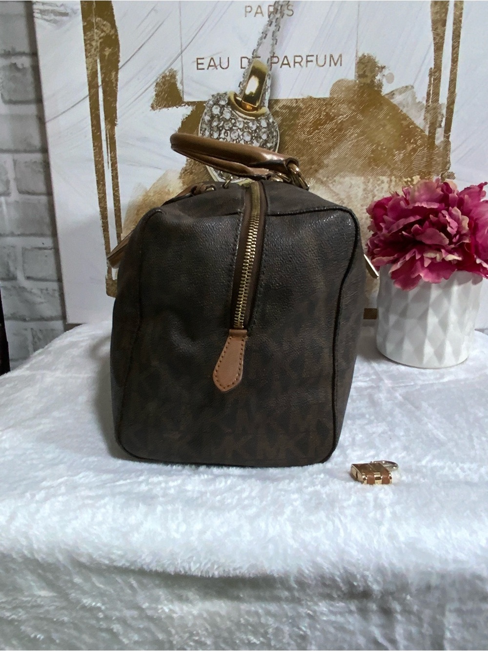 Michael Kors Dark Brown Monogram Satchel with Tan Handles - Picture 3 of 14